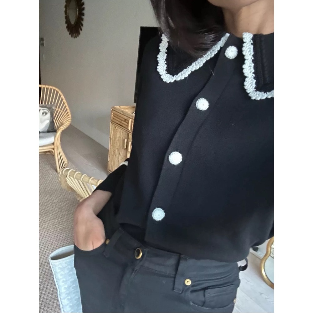 SEZANE BLOGGER Black White Fine Knit Bettany Cardigan Crochet Collared Sweater - Picture 14 of 16